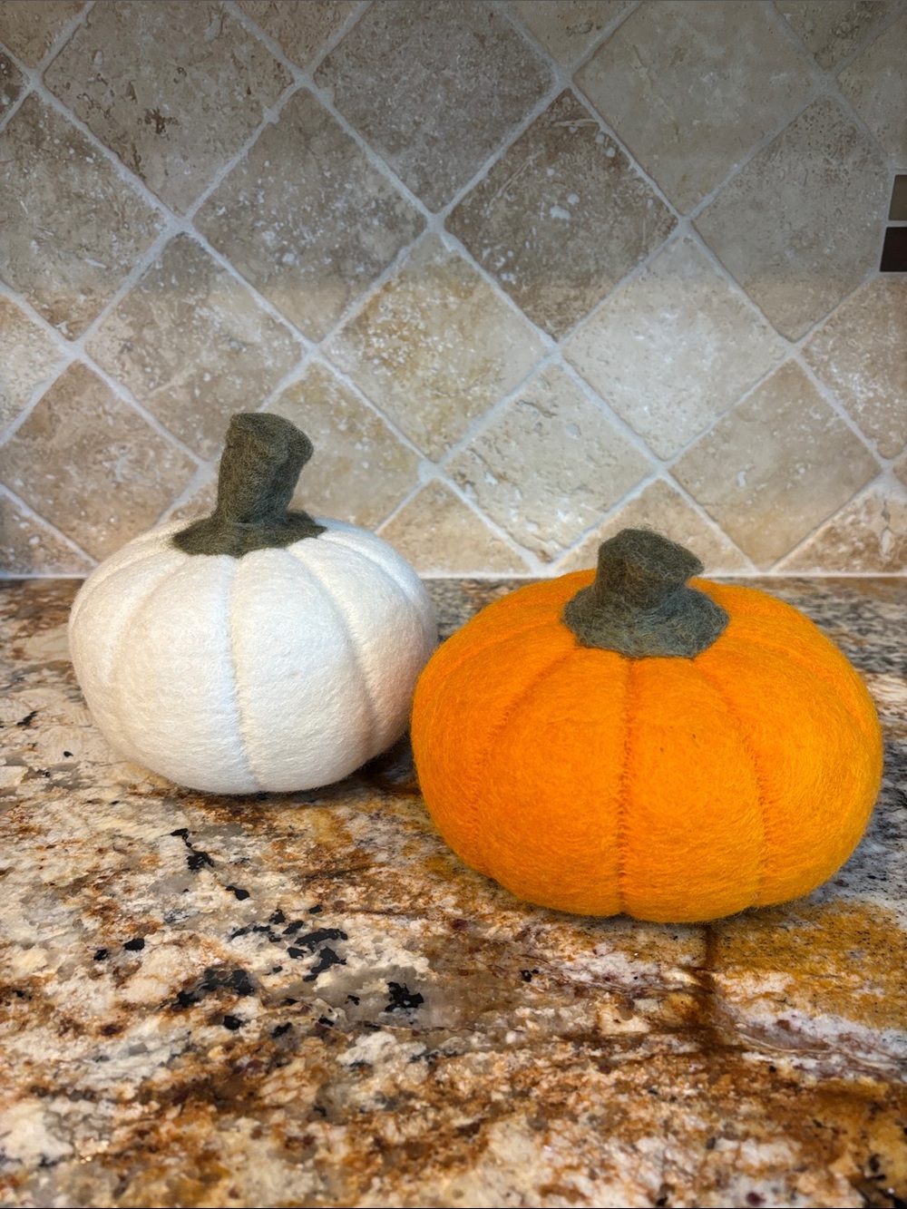 Handcrafted Felted Pumpkins Set of 2- Orange & White with Olive Stems